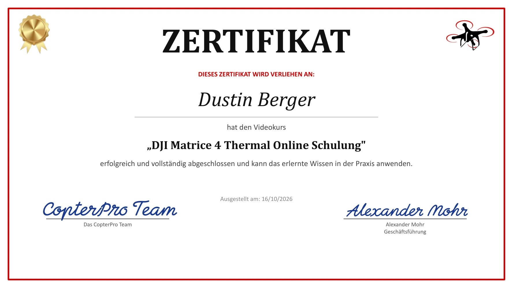 CopterPro-Kurszertifikat: DJI Matrice 4 Thermal – Online-Schulung, verliehen an Dustin Berger