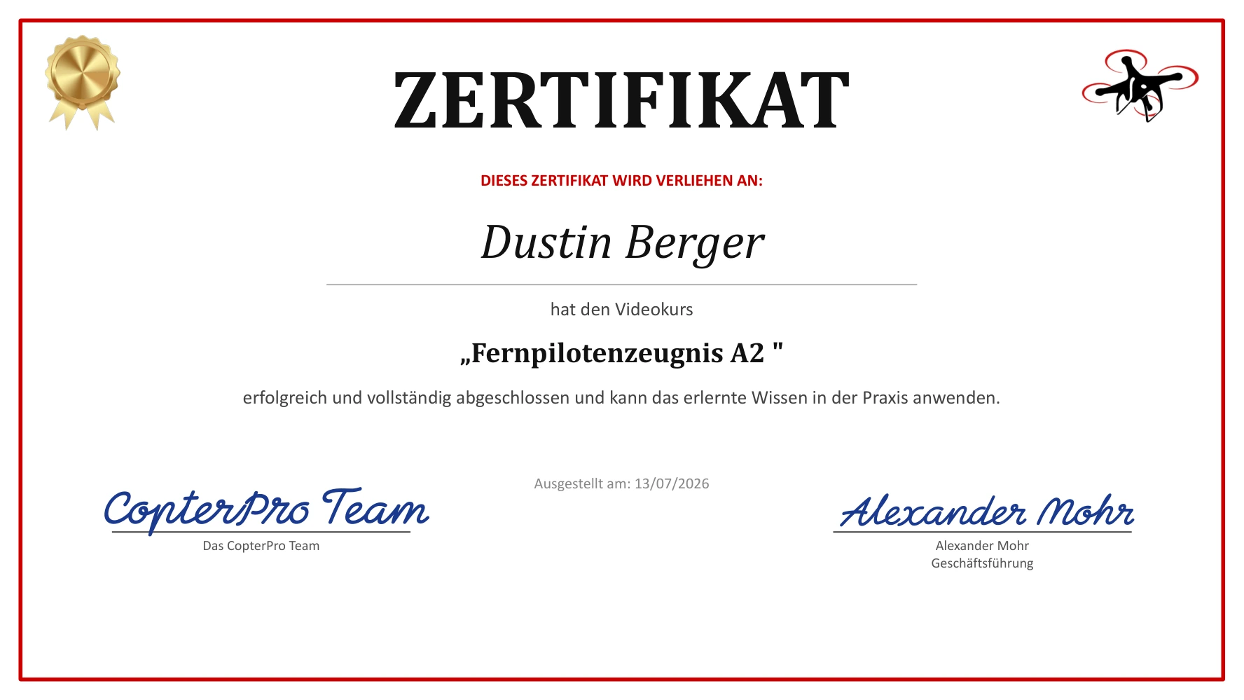 CopterPro-Kurszertifikat: Fernpilotenzeugnis A2 – Videokurs, verliehen an Dustin Berger