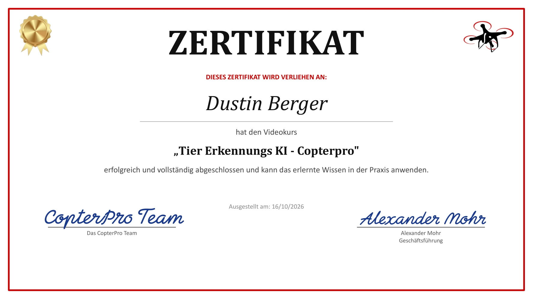 CopterPro-Kurszertifikat: Tier-Erkennungs-KI – Videokurs, verliehen an Dustin Berger